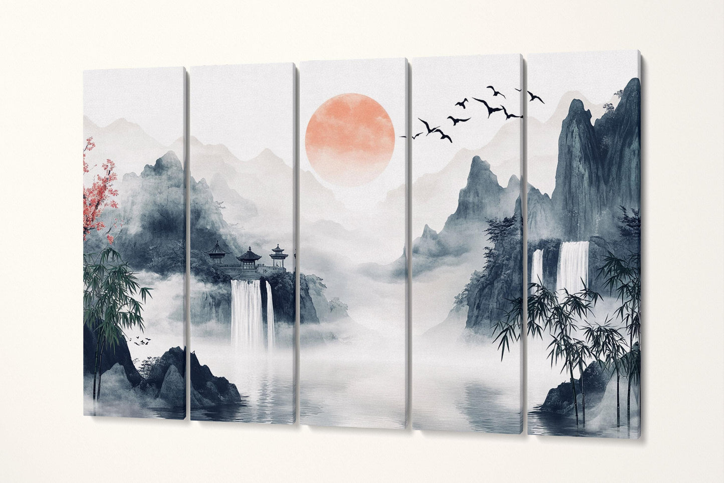 Mystic Waterfalls Foggy Sunrise Chinese Art Inspired Canvas Wall Art Eco Leather Print 3 Panels