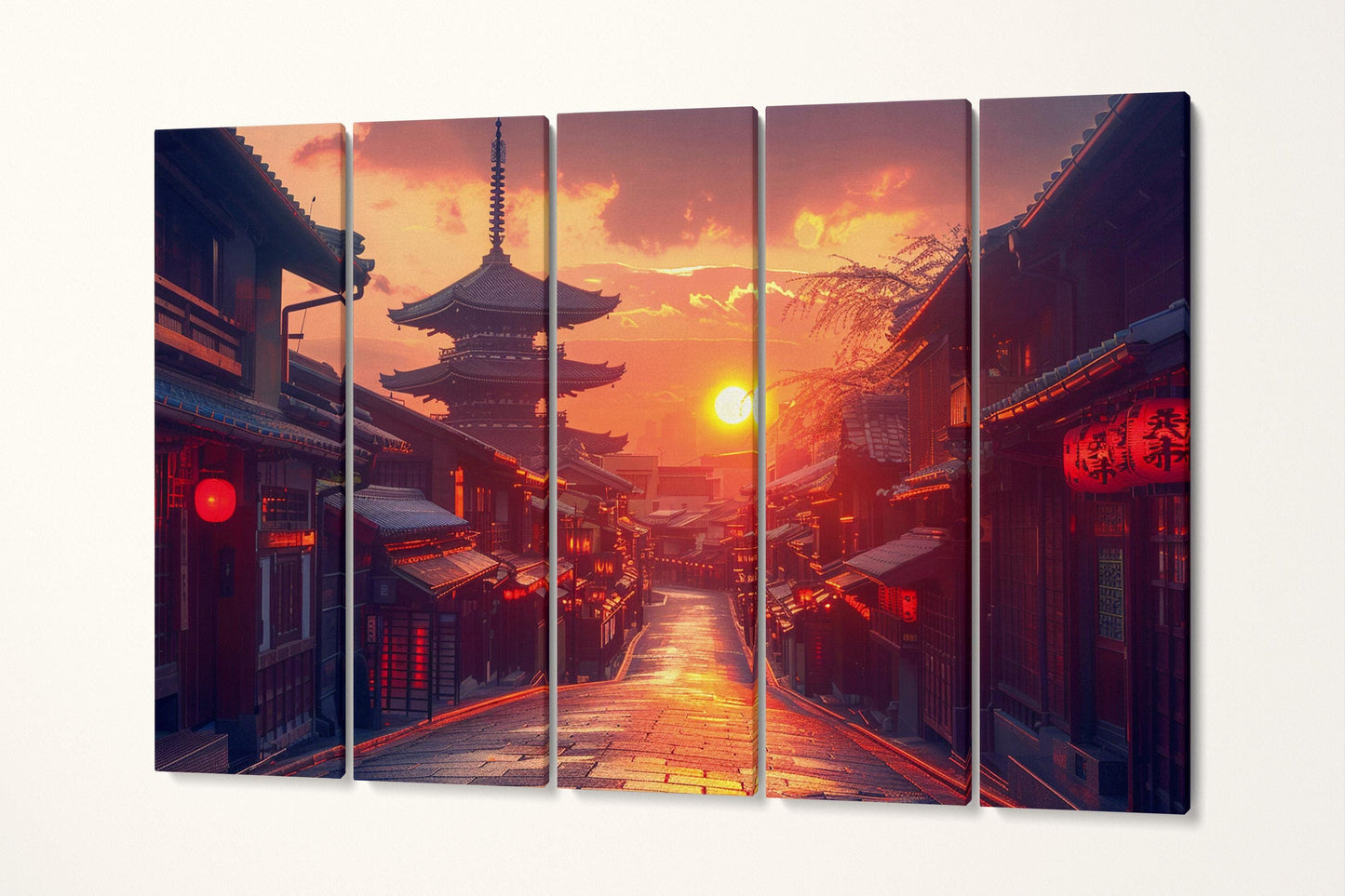 Golden Hour in Kyoto Lanterns' Glow Anime Canvas Wall Art Eco Leather Print, Made in Italy!