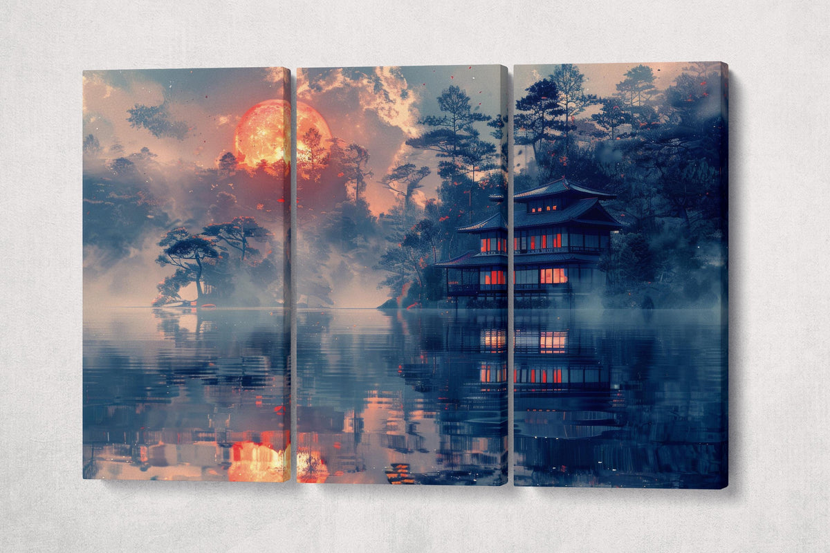 Mystic Reflection Under the Ember Moon Anime Canvas Wall Art Eco Leather Print, Made in Italy!
