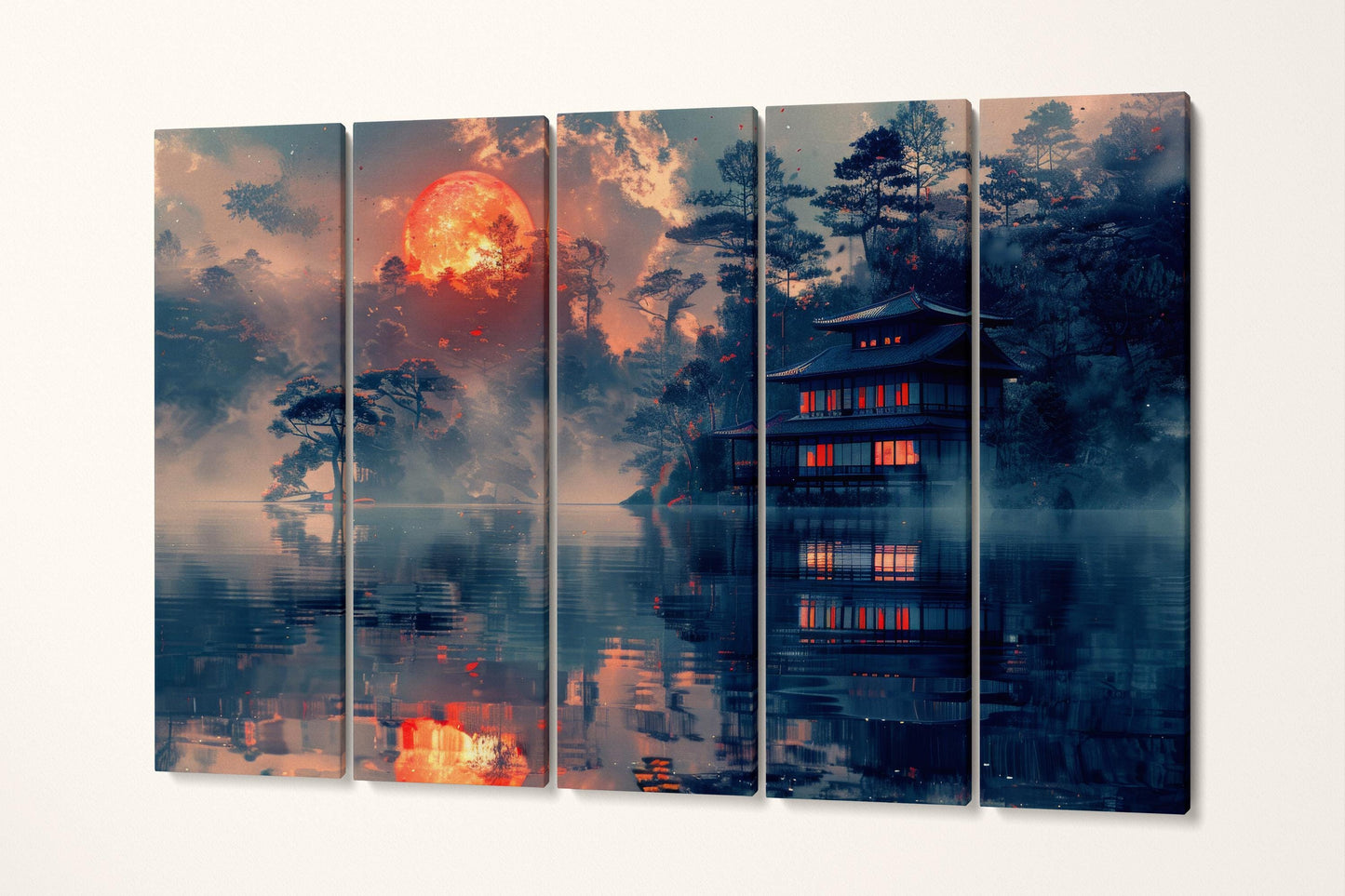 Mystic Reflection Under the Ember Moon Anime Canvas Wall Art Eco Leather Print, Made in Italy!