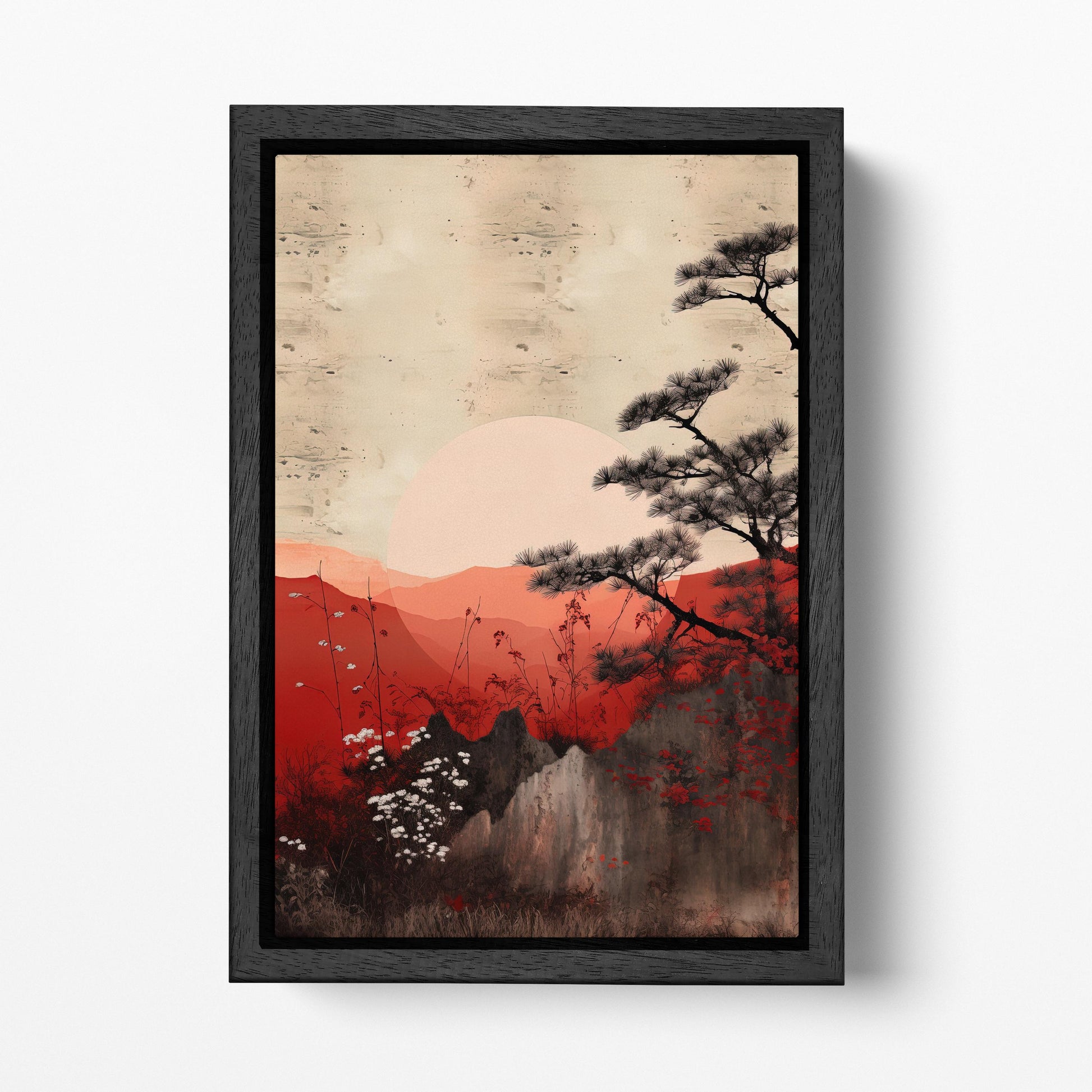 Serene Japanese Sunset Minimalist Sun Canvas Eco Leather Art Print Black Frame