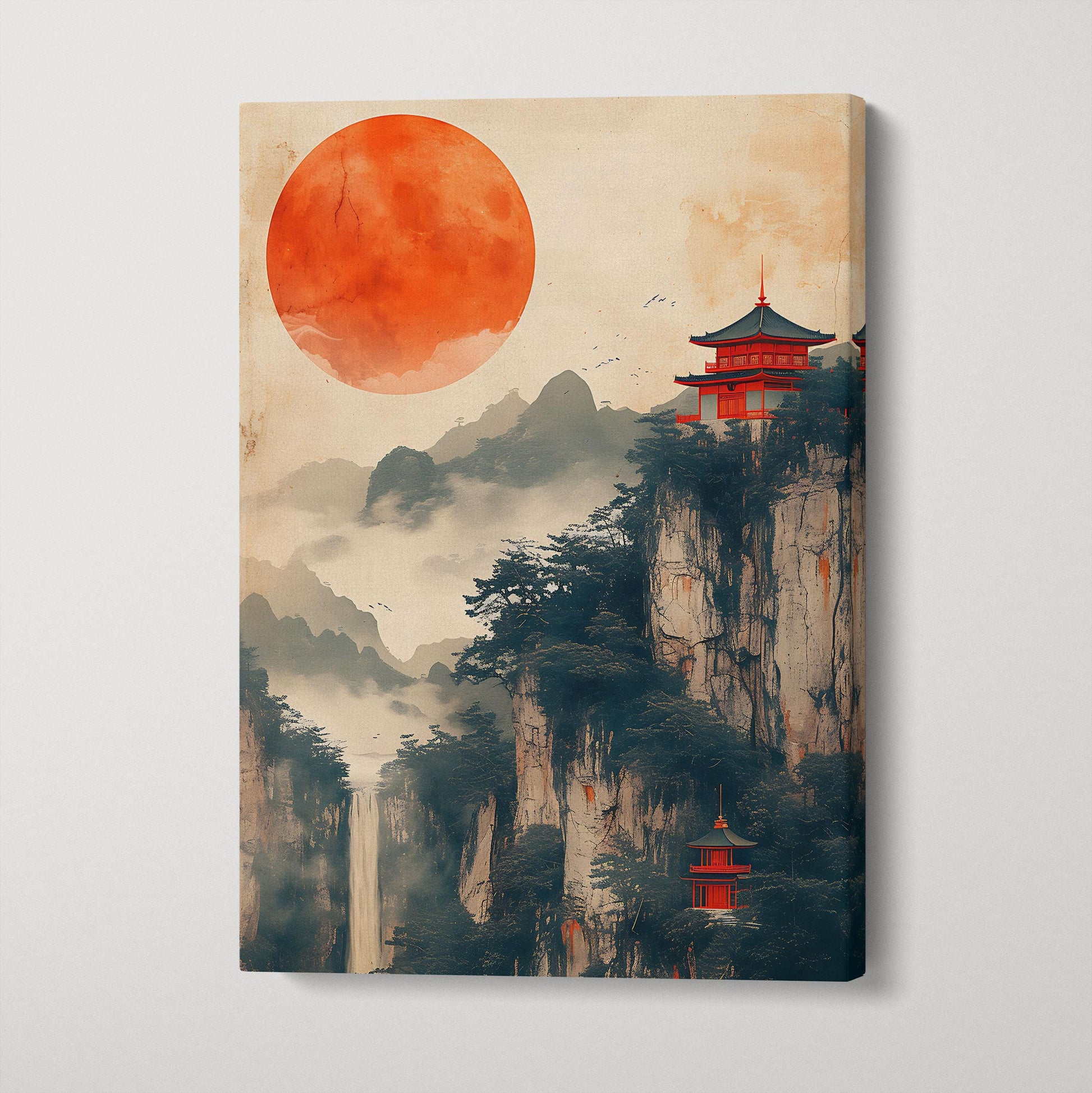 Crimson Sun over Chinese Mountain Sanctuaries Canvas Eco Leather Art Print