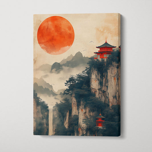 Crimson Sun over Chinese Mountain Sanctuaries Canvas Eco Leather Art Print