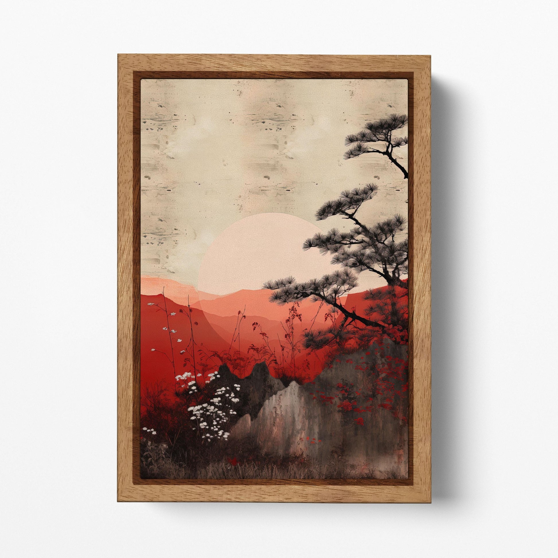 Serene Japanese Sunset Minimalist Sun Canvas Eco Leather Art Print Wood Frame