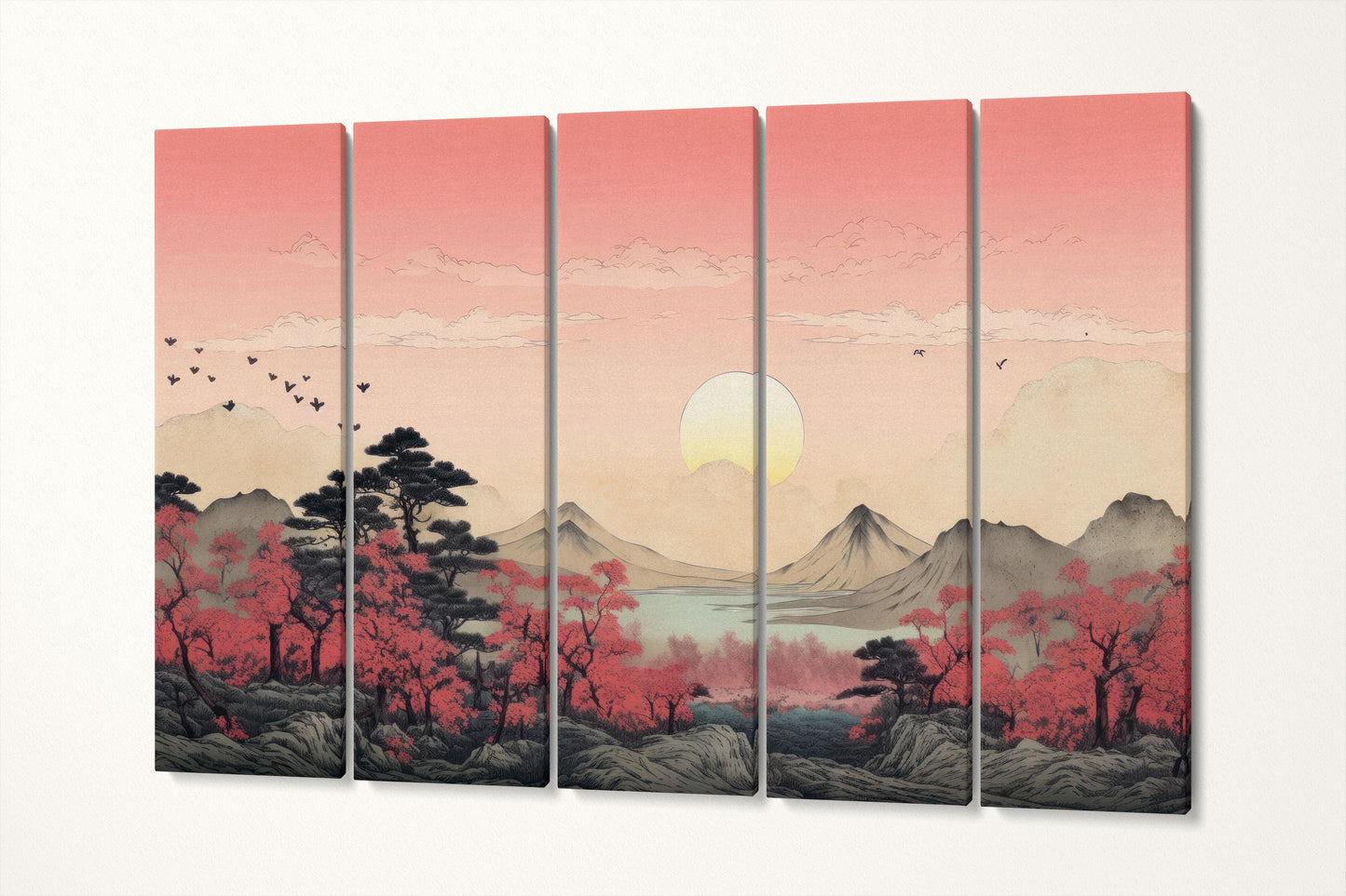 Blush of Dawn: A Dreamlike Sunrise in Ukiyo-e Style Artwork Canvas Wall Art Eco Leather Print 5 Panels