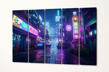 Charger l&#39;image dans la galerie, Urban Neon: A Cyberpunk Metropolis Canvas Wall Art Eco Leather Print 5 Pieces