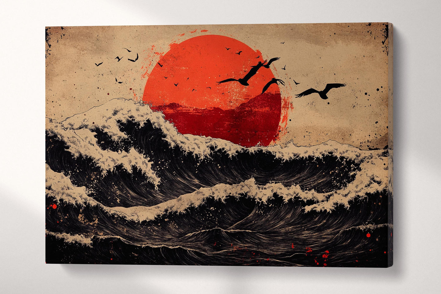Red Sun, Dark Waves: A Ukiyo-e Inspired Ocean Japanese Style Artwork Canvas Wall Art Eco Leather Print