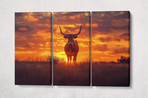 Lone Star Sunset: The Texas Longhorn Canvas Wall Art Eco Leather Print 3 Panels