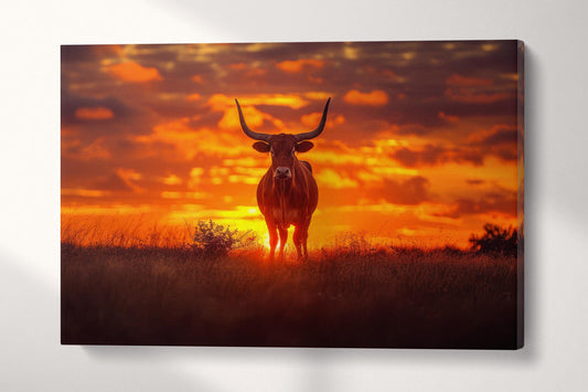 Lone Star Sunset: The Texas Longhorn Canvas Wall Art Eco Leather Print