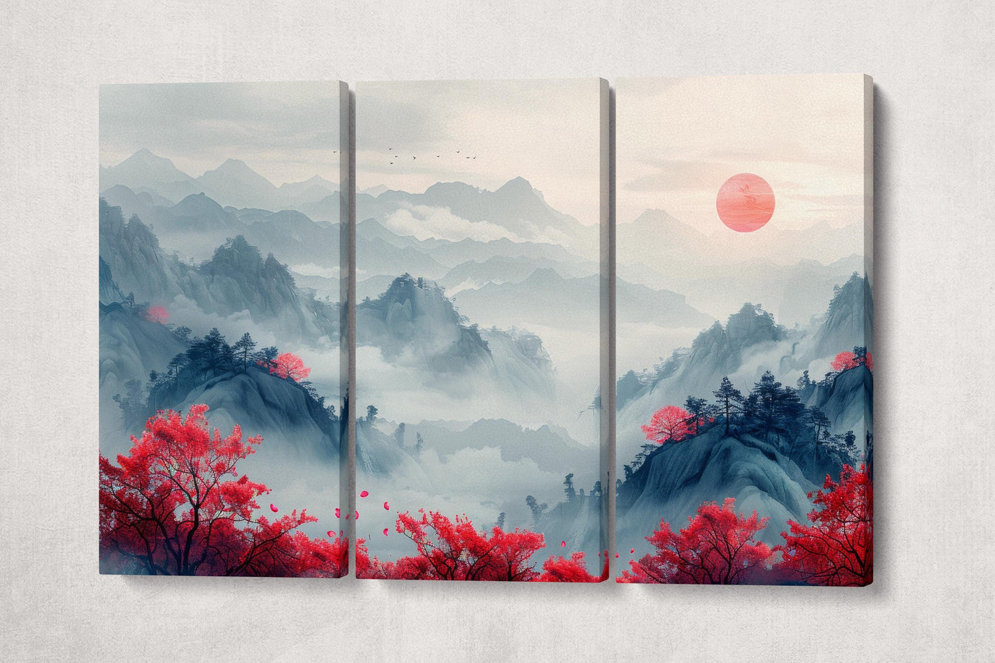 Ukiyo-e Mist: Red Blossoms and Mountainscape Artwork Canvas Wall Art Eco Leather Print 3 Panels