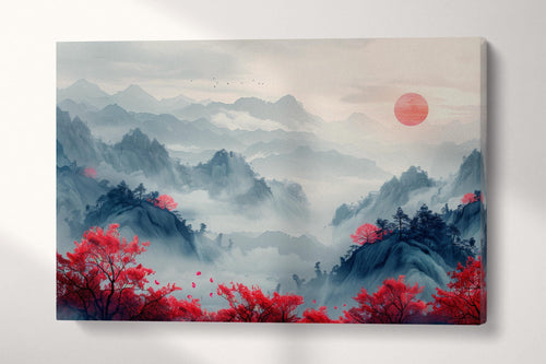 Ukiyo-e Mist: Red Blossoms and Mountainscape Artwork Canvas Wall Art Eco Leather Print
