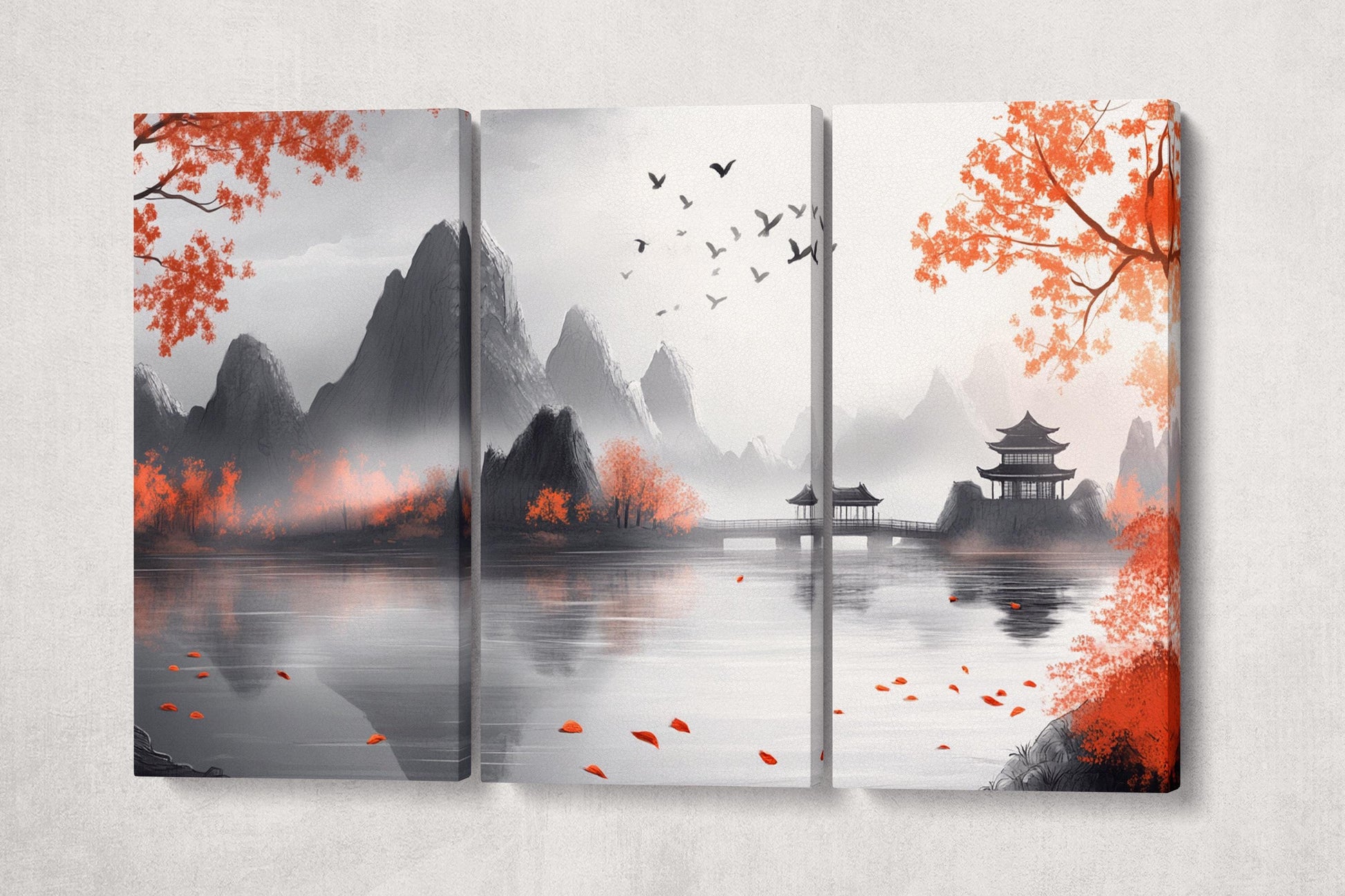 Serenity in the Mist - Oriental Mountain Landscape Wall Art Canvas Eco Leather Print 3 Panels