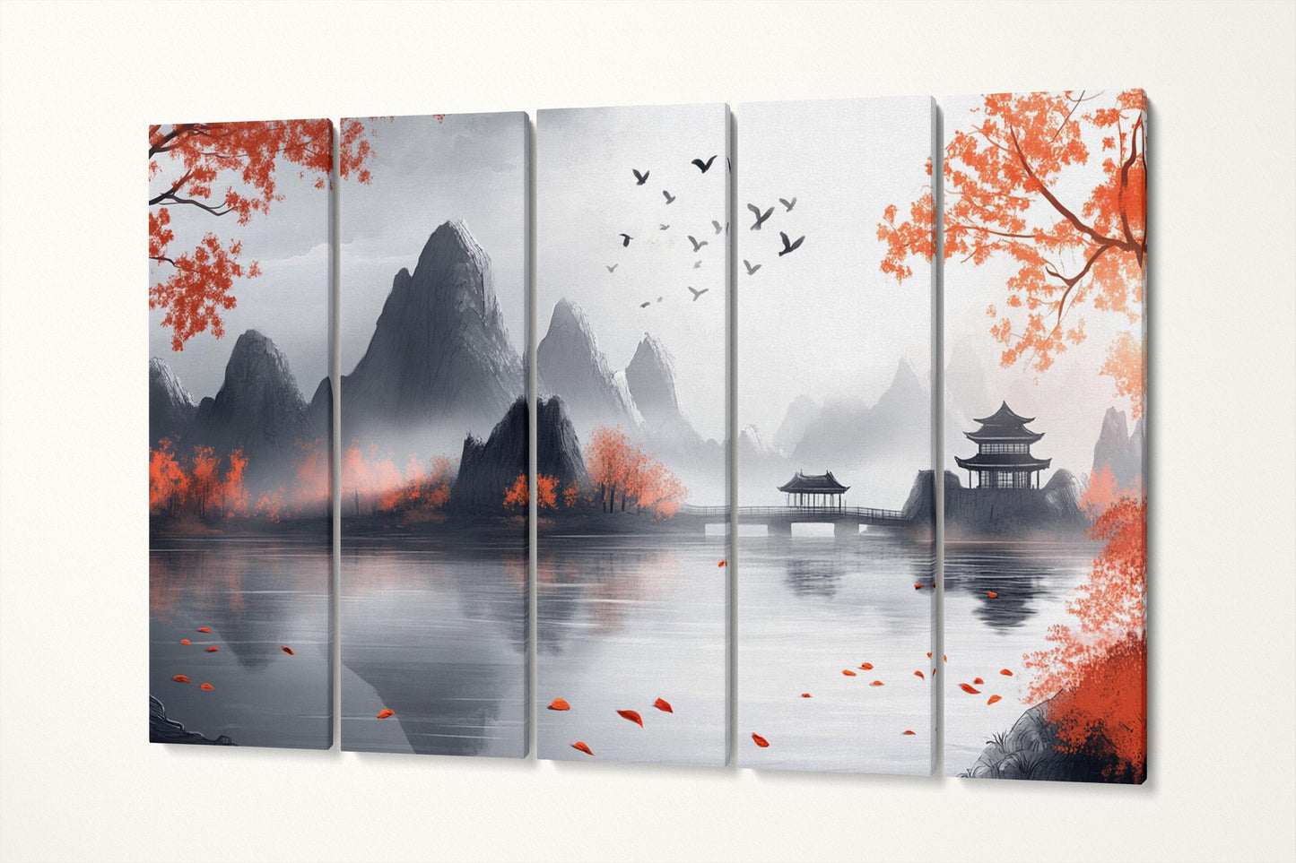 Serenity in the Mist - Oriental Mountain Landscape Wall Art Canvas Eco Leather Print 5 Panels