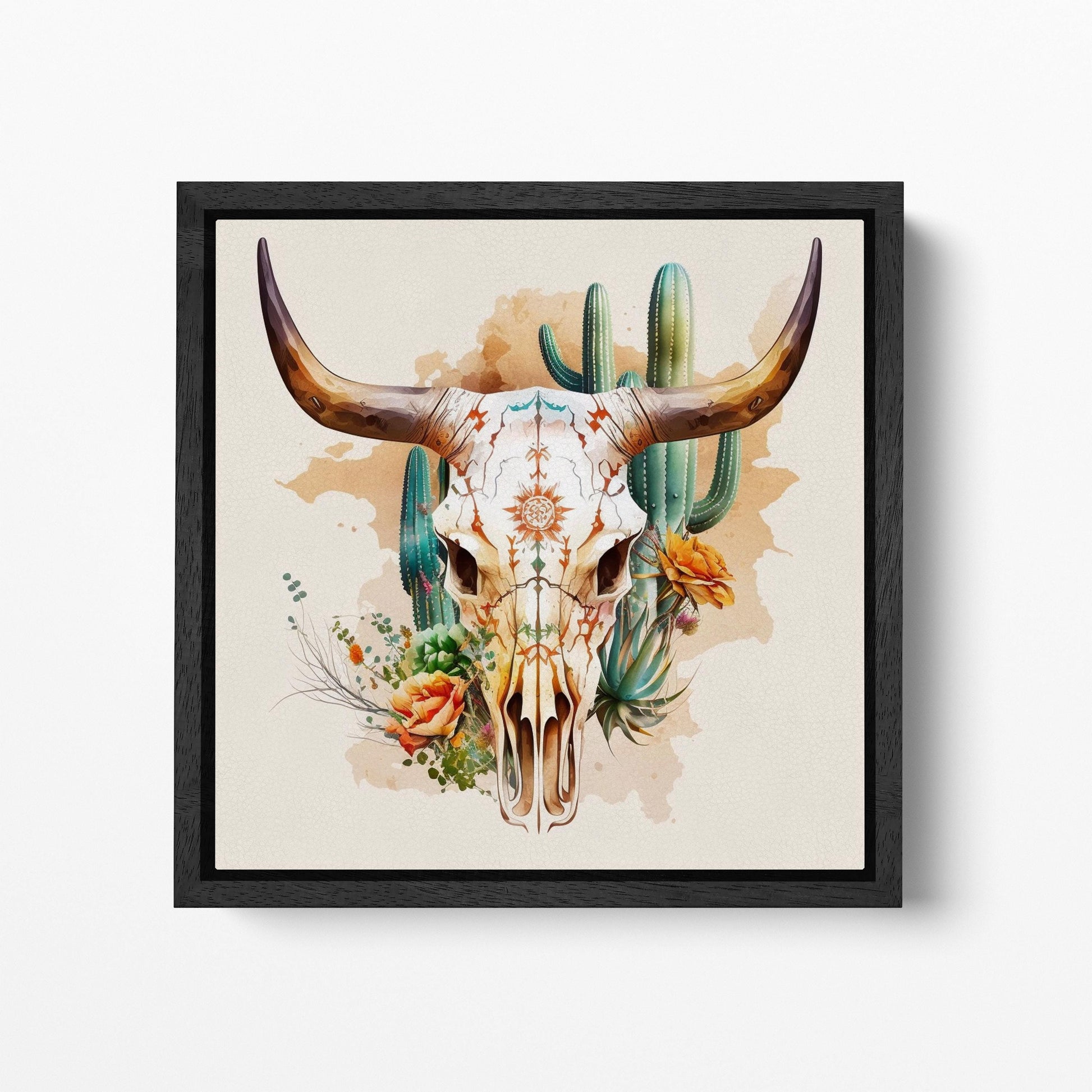 Desert Spirit - Western Longhorn Skull with Cacti and Blooms Wall Art Black Framed Canvas Eco Leather Print