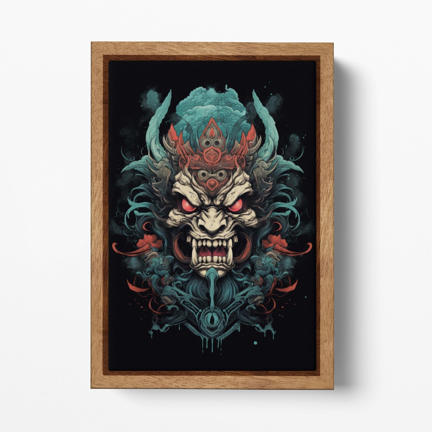 Yokai Fury - Oni Mask of the Underworld Japan Style Wood Framed Wall Art Eco Leather Print, Made in Italy!