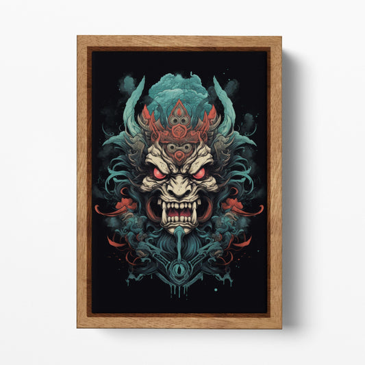 Yokai Fury - Oni Mask of the Underworld Japan Style Wood Framed Wall Art Eco Leather Print, Made in Italy!
