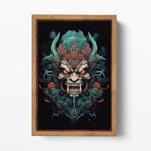 Load image into Gallery viewer, Yokai Fury - Oni Mask of the Underworld Japan Style Wood Framed Wall Art Eco Leather Print, Made in Italy!
