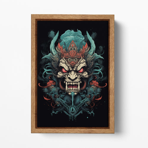 Yokai Fury - Oni Mask of the Underworld Japan Style Wood Framed Wall Art Eco Leather Print, Made in Italy!