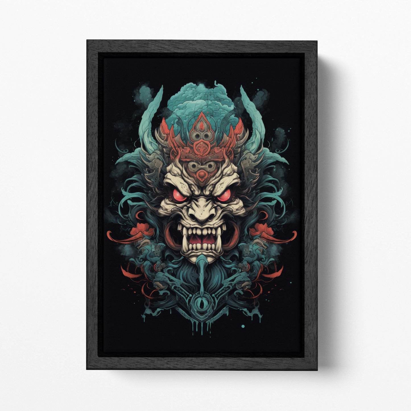 Yokai Fury - Oni Mask of the Underworld Japan Style Black Framed Wall Art Eco Leather Print, Made in Italy!