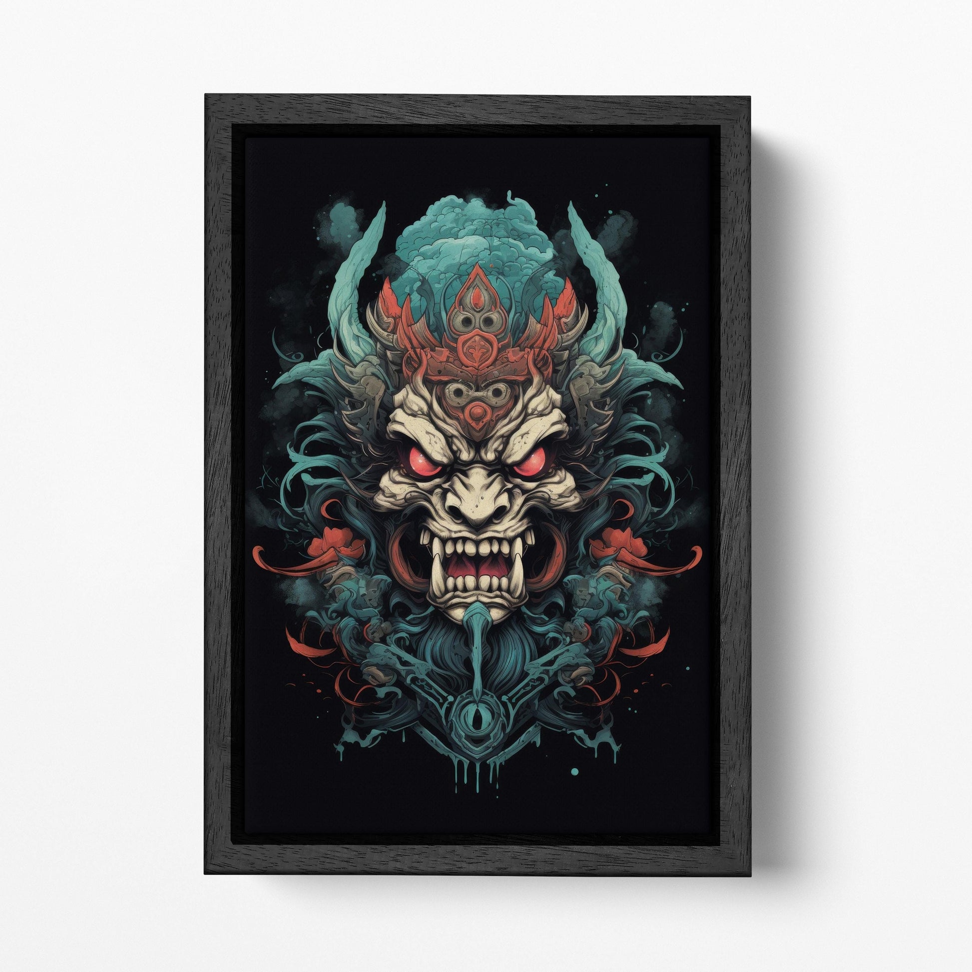 Yokai Fury - Oni Mask of the Underworld Japan Style Black Framed Wall Art Eco Leather Print, Made in Italy!