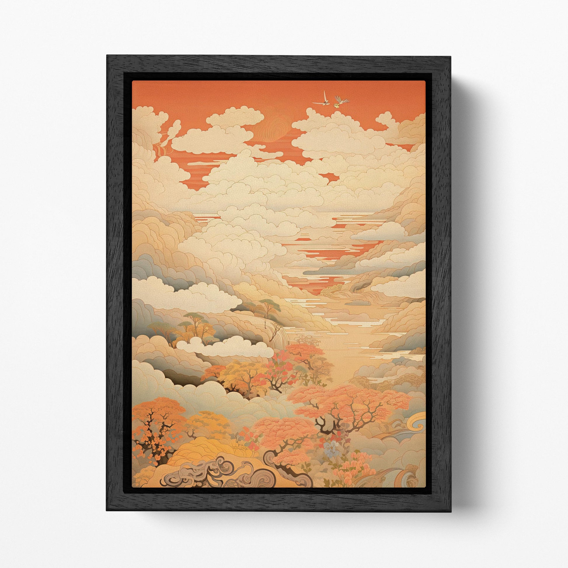 Japanese Dreamscape Floating Clouds Canvas Wall Art Eco Leather Print Black Frame