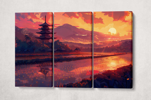 Sunset Serenity Japanese Rice Fields Canvas Wall Art Eco Leather Print 3 Panels