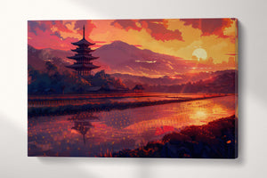 Sunset Serenity Japanese Rice Fields Canvas Wall Art Eco Leather Print