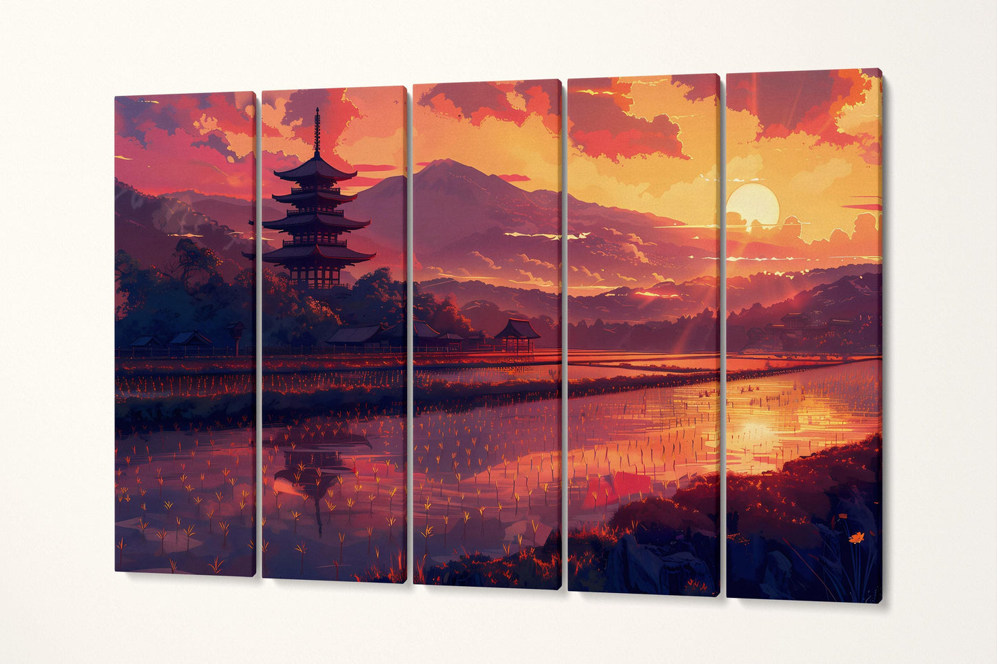 Sunset Serenity Japanese Rice Fields Canvas Wall Art Eco Leather Print 5 Panels