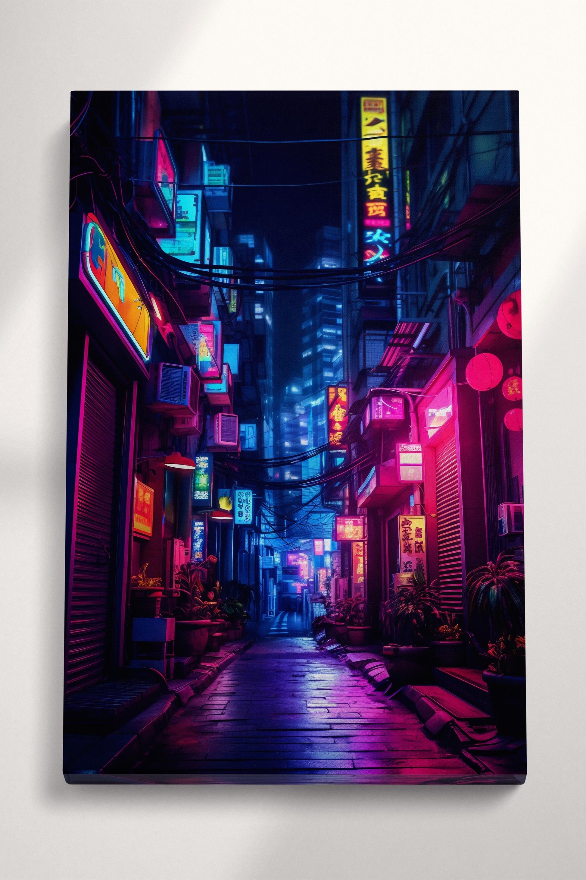 Cyberpunk Neon Cityscape Canvas Wall Art - Futuristic Urban Night Scene | Sci-Fi Aesthetic Gallery Wrap Eco Leather Print