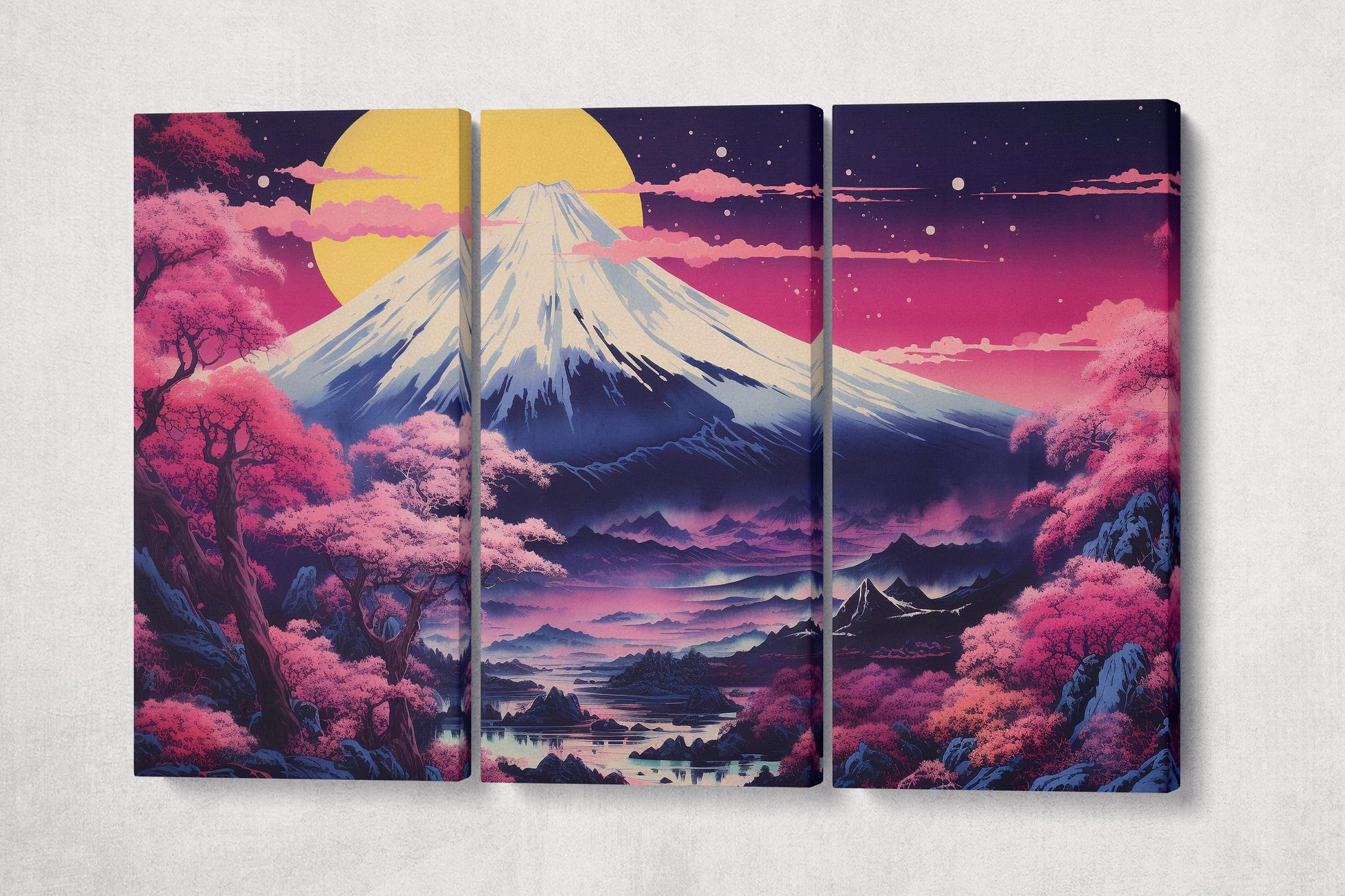 Neon Dreamscape - Mt. Fuji in Bloom Canvas Home Art Wall Decor Eco Leather Print 3 Panels
