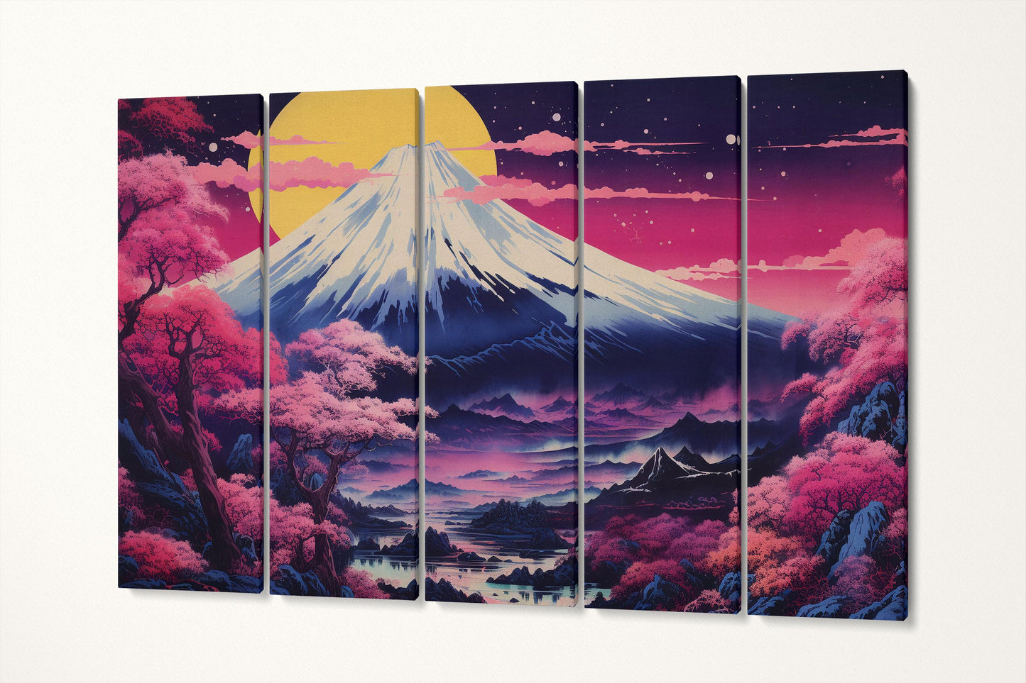 Neon Dreamscape - Mt. Fuji in Bloom Canvas Home Art Wall Decor Eco Leather Print 5 Panels