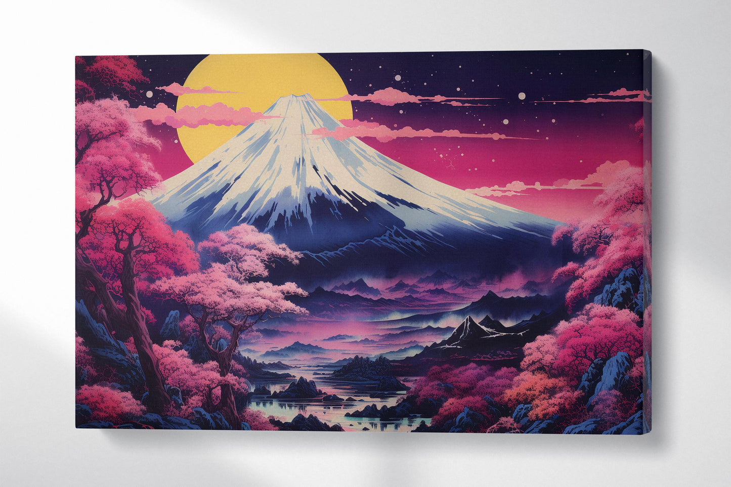 Neon Dreamscape - Mt. Fuji in Bloom Canvas Home Art Wall Decor Eco Leather Print