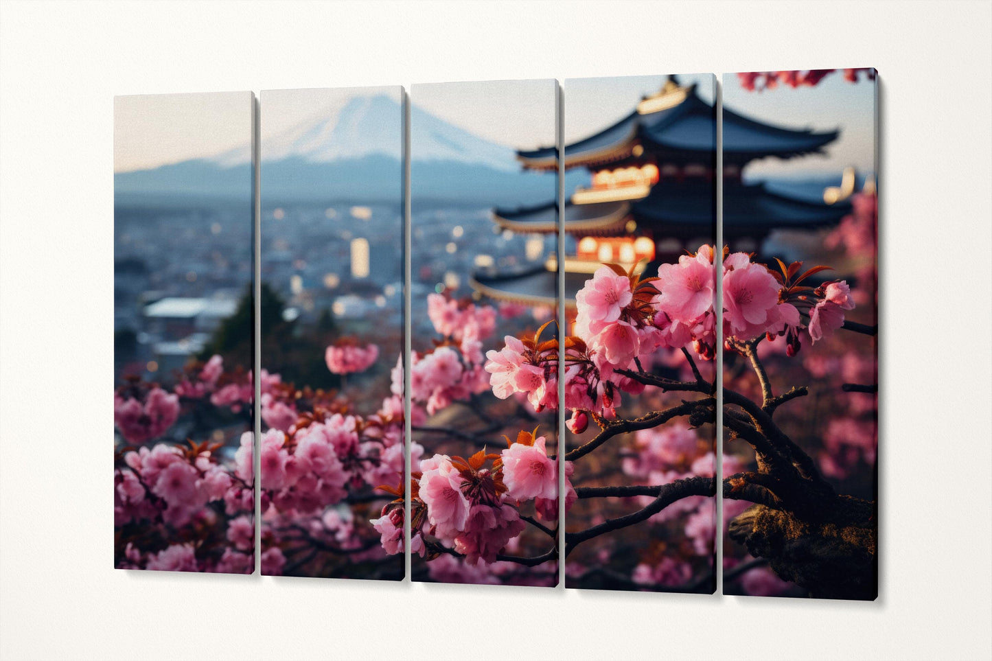 Sakura Blossoms with Mount Fuji - Japanese Scenic Canvas Art | Kyoto Pagoda | Nature Large Wall Decor Eco Leather Print 5 Panels