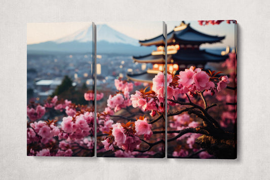 Sakura Blossoms with Mount Fuji - Japanese Scenic Canvas Art | Kyoto Pagoda | Nature Large Wall Decor Eco Leather Print 3 Panels