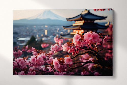 Sakura Blossoms with Mount Fuji - Japanese Scenic Canvas Art | Kyoto Pagoda | Nature Large Wall Decor Eco Leather Print