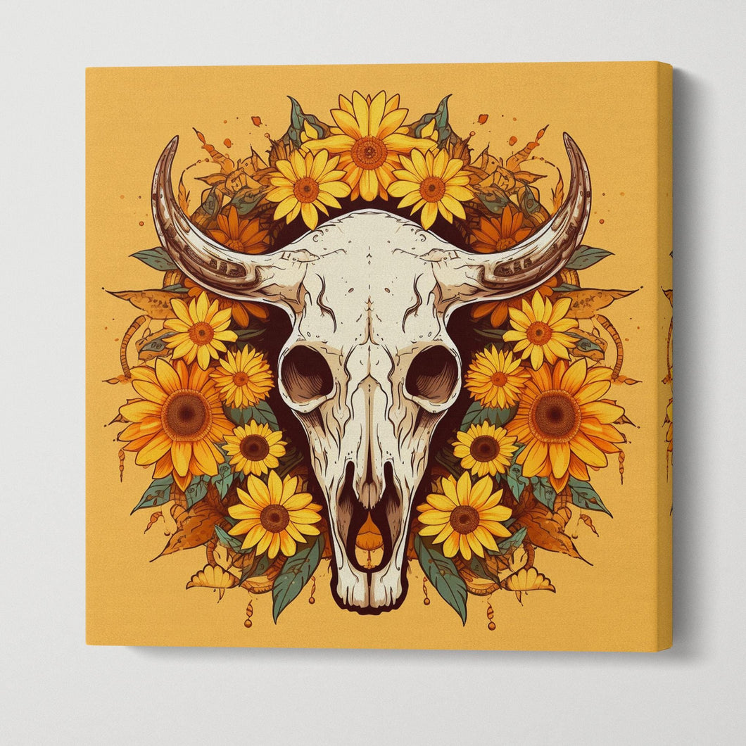Skull with Sunflowers Canvas Wall Art, Rustic Farmhouse Decor Wall Art Framed Canvas Eco Leather Print
