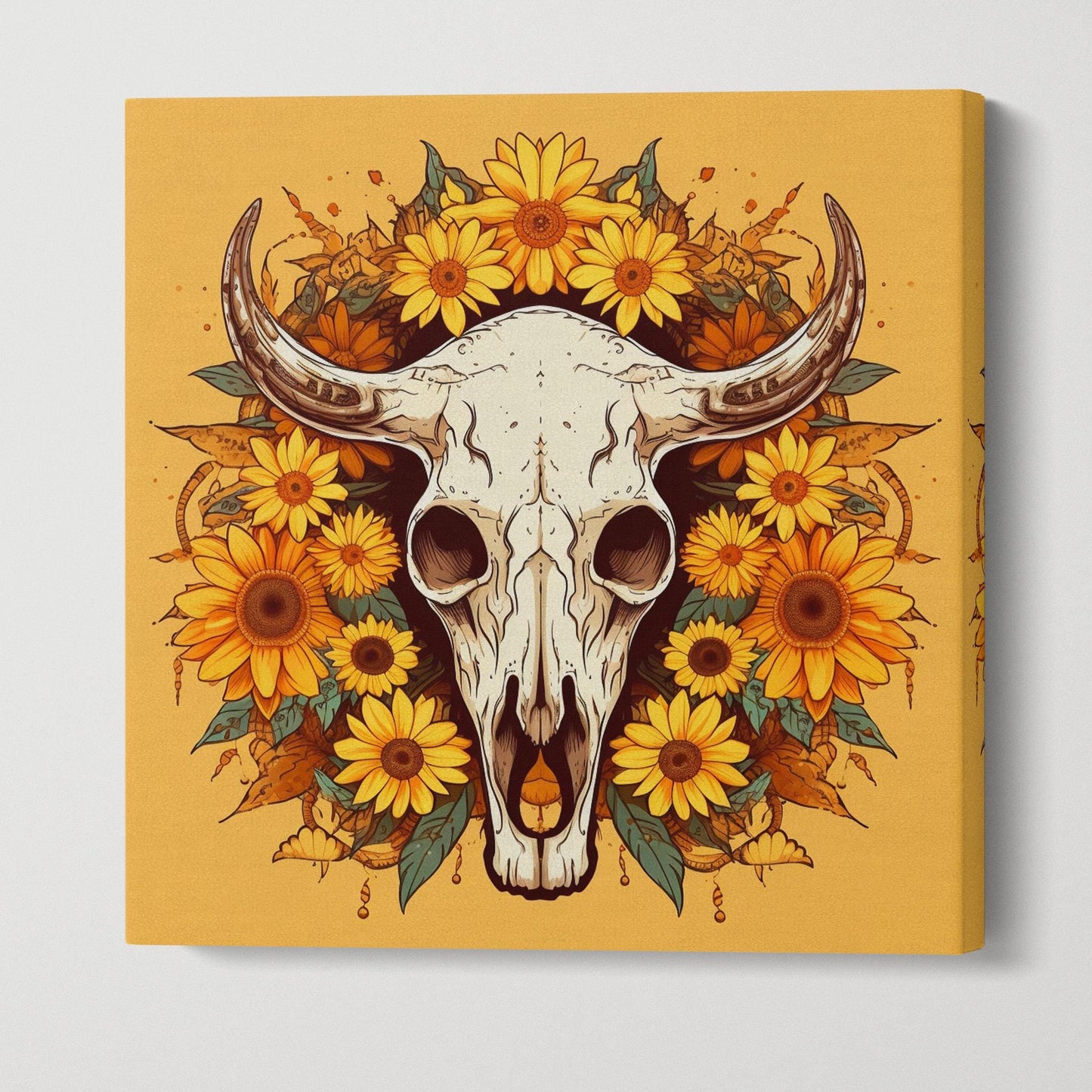 Skull with Sunflowers Canvas Wall Art, Rustic Farmhouse Decor Wall Art Framed Canvas Eco Leather Print