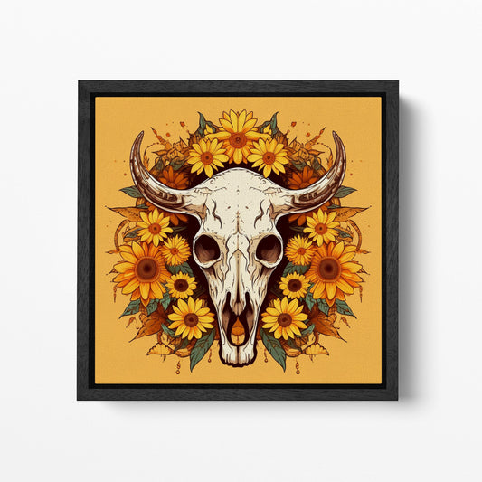 Skull with Sunflowers Canvas Wall Art, Rustic Farmhouse Decor Wall Art Framed Canvas Eco Leather Print Black Frame