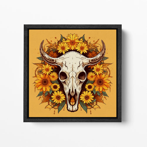 Skull with Sunflowers Canvas Wall Art, Rustic Farmhouse Decor Wall Art Framed Canvas Eco Leather Print Black Frame