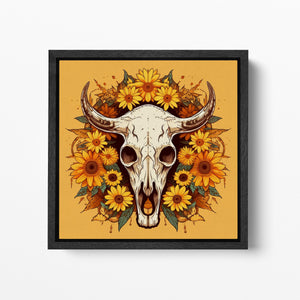 Skull with Sunflowers Canvas Wall Art, Rustic Farmhouse Decor Wall Art Framed Canvas Eco Leather Print Black Frame