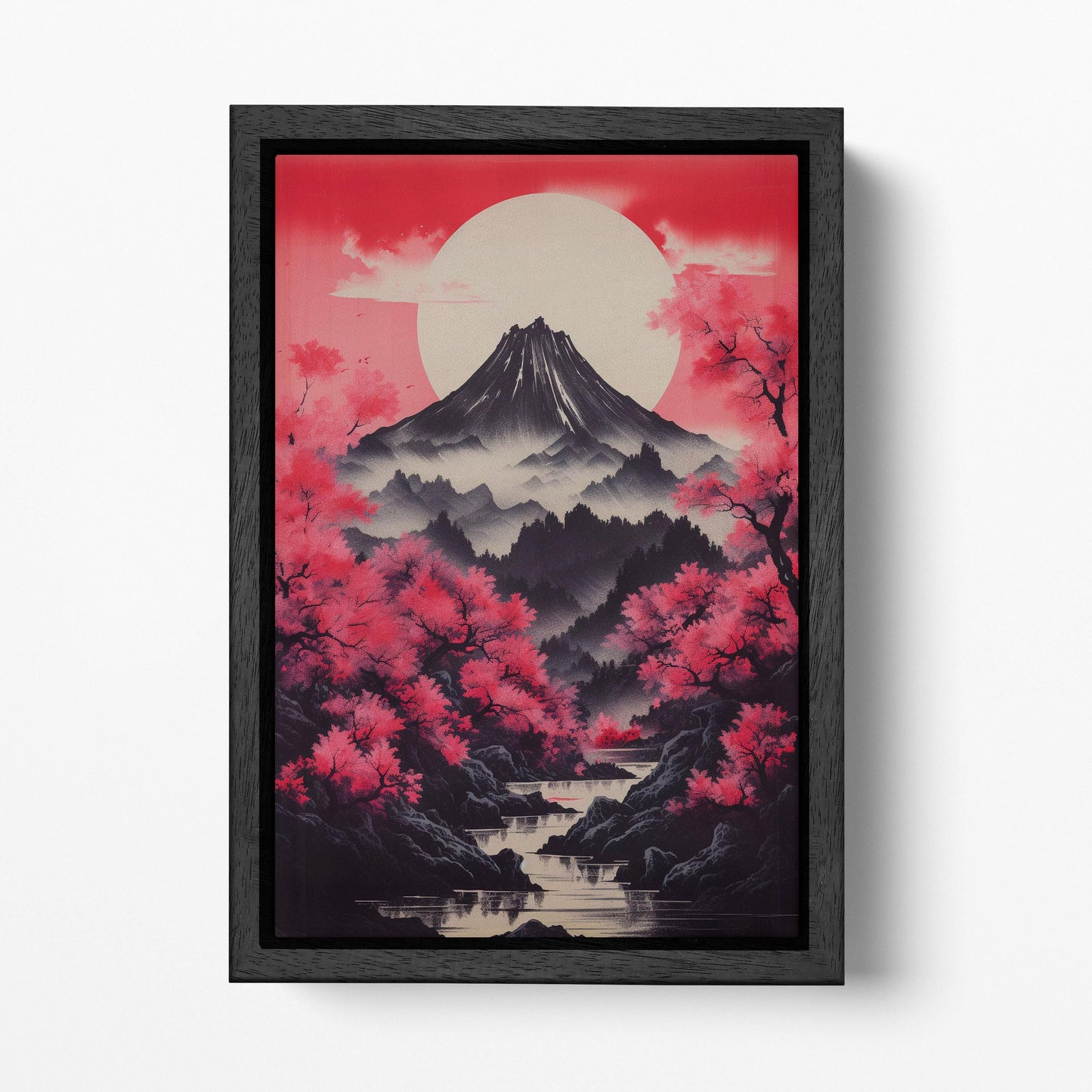 Japanese Mountain Framed Canvas Wall Art | Sakura and Mount Fuji Print | Zen Decor for Home Eco Leather Print Black Frame