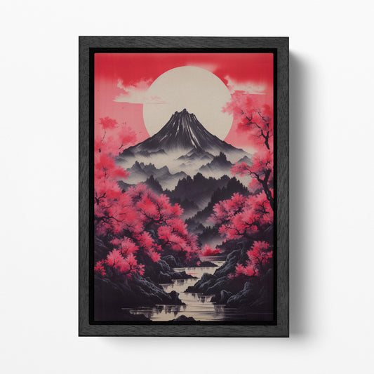 Japanese Mountain Framed Canvas Wall Art | Sakura and Mount Fuji Print | Zen Decor for Home Eco Leather Print Black Frame