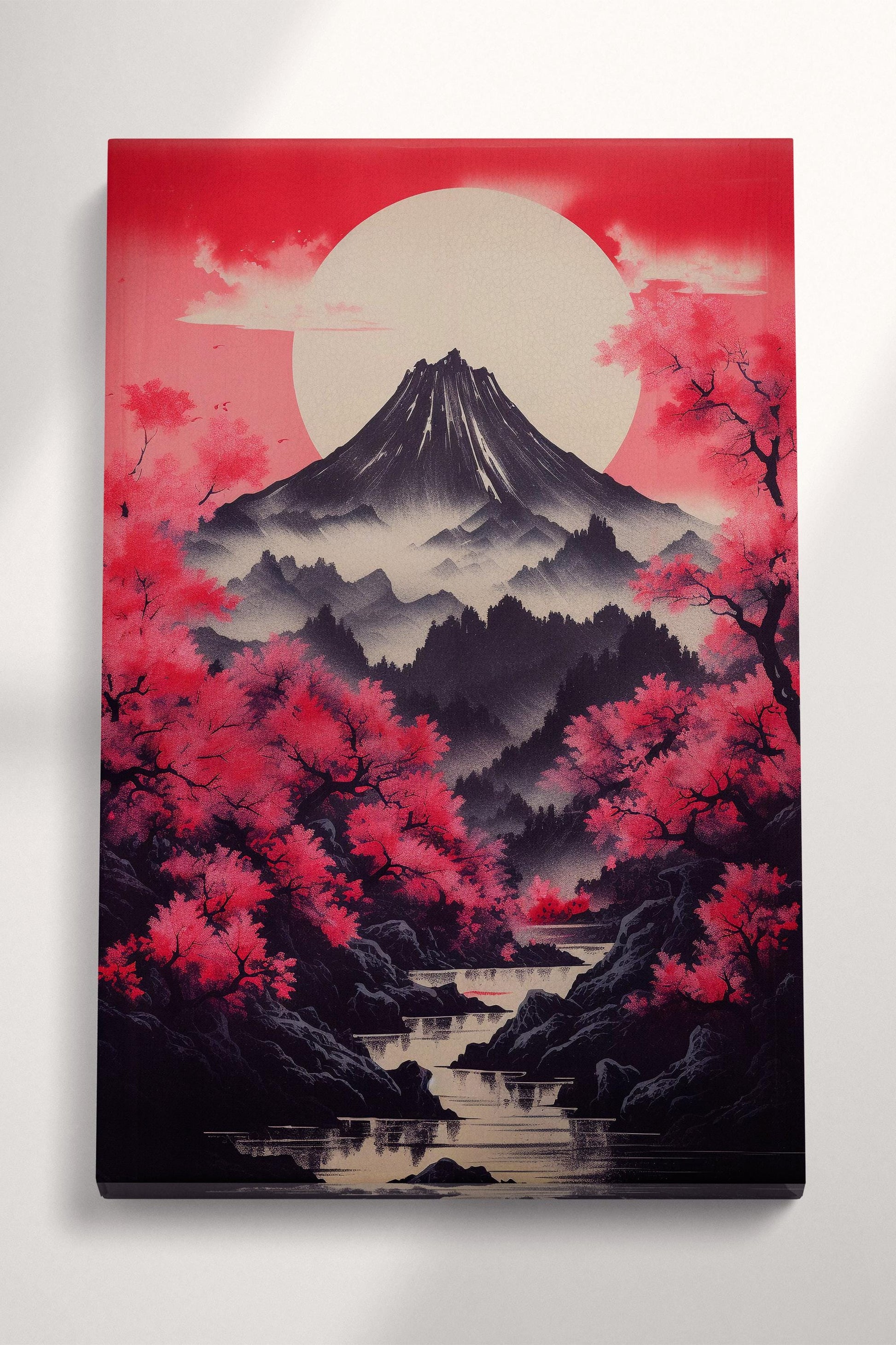 Japanese Mountain Framed Canvas Wall Art | Sakura and Mount Fuji Print | Zen Decor for Home Eco Leather Print
