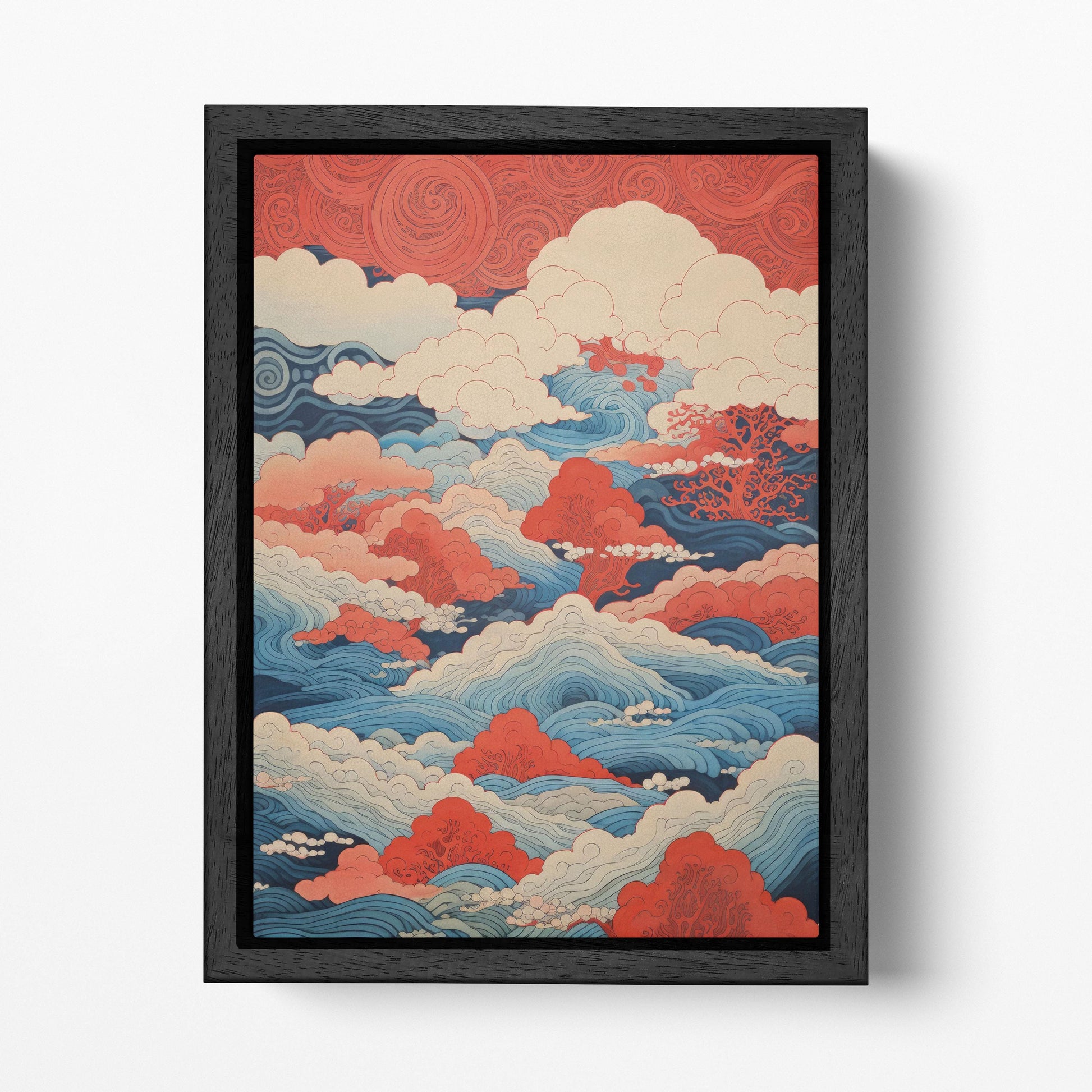 Whimsical Waves and Scarlet Clouds Canvas Wall Art Eco Leather Print Black Frame