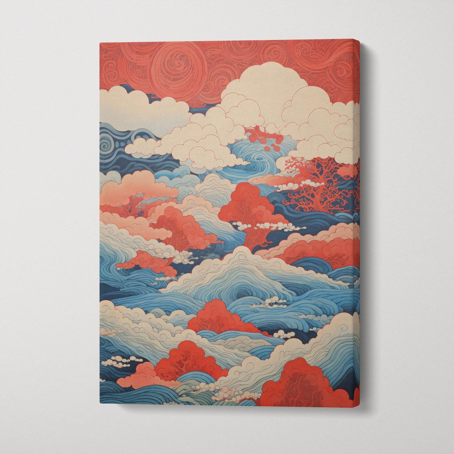 Whimsical Waves and Scarlet Clouds Canvas Wall Art Eco Leather Print