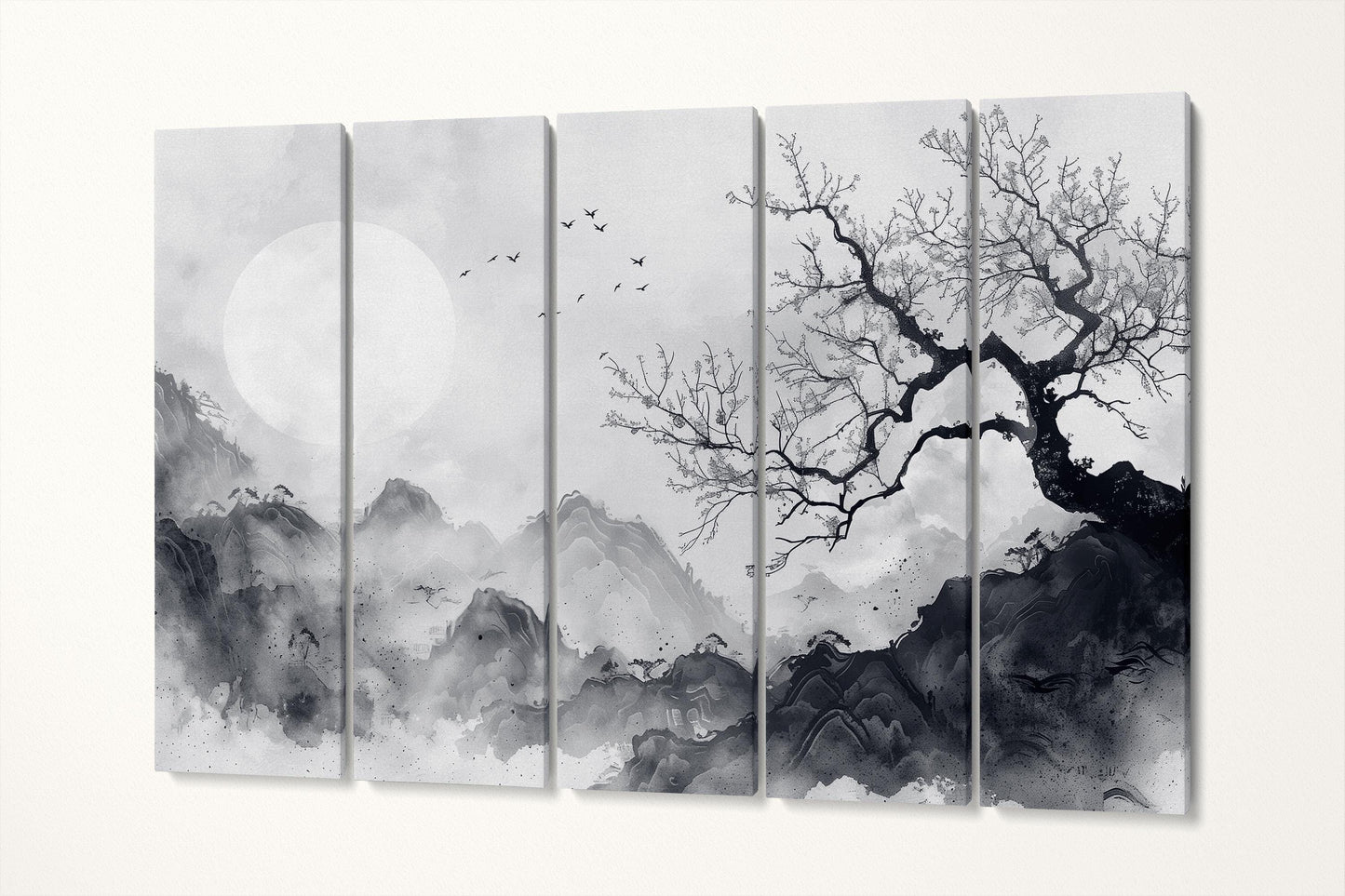 Black and White Ink Art | Traditional Chinese Lunar Landscape | Ink Painting Wall Art Large Wall Decor Eco Leather Print 5 Panels