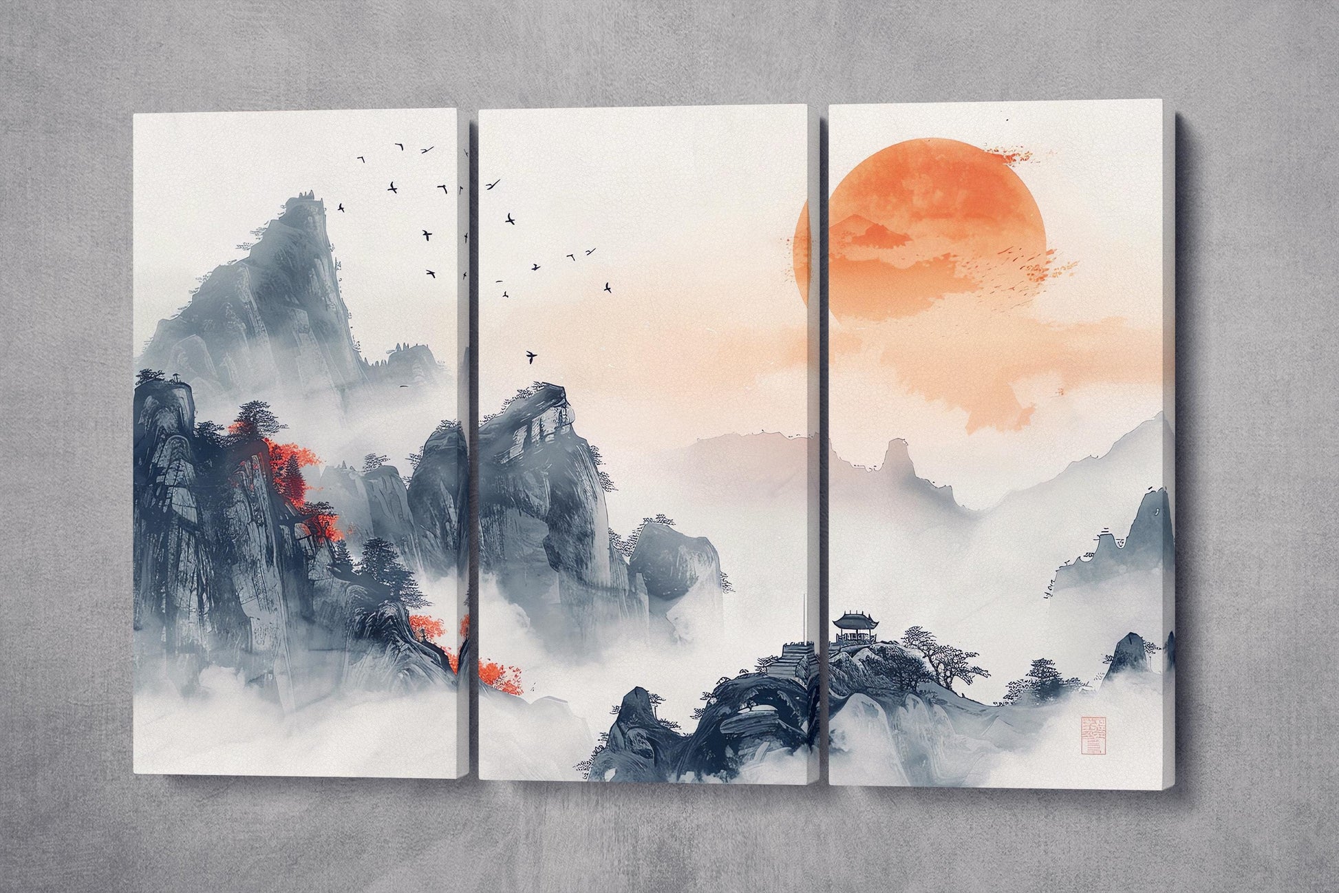 Traditional Chinese Landscape Sunset Print | Misty Mountain and Pagoda Art | Serene Oriental Wall Decor Eco Leather Print 3 Panels