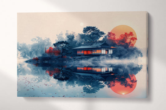Zen Retreat Pavilion by the Misty Lake Canvas Wall Art Eco Leather Print
