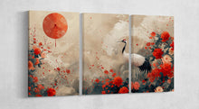 Charger l&#39;image dans la galerie, Asian Harmony in Bloom Crane Amid Chrysanthemums Wall Art Home Decor Framed Canvas Print 3 Panels