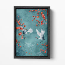Laden Sie das Bild in den Galerie-Viewer, Japanese Art Cranes Blue Background Branches Blossoms Canvas Wall Art Eco Leather Print Black Frame